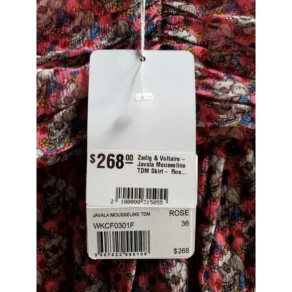 Zadig & Voltaire Javal Mousseline TDM Skirt Rose 36/SM Sugar Skulls Print NWT - Picture 11 of 15
